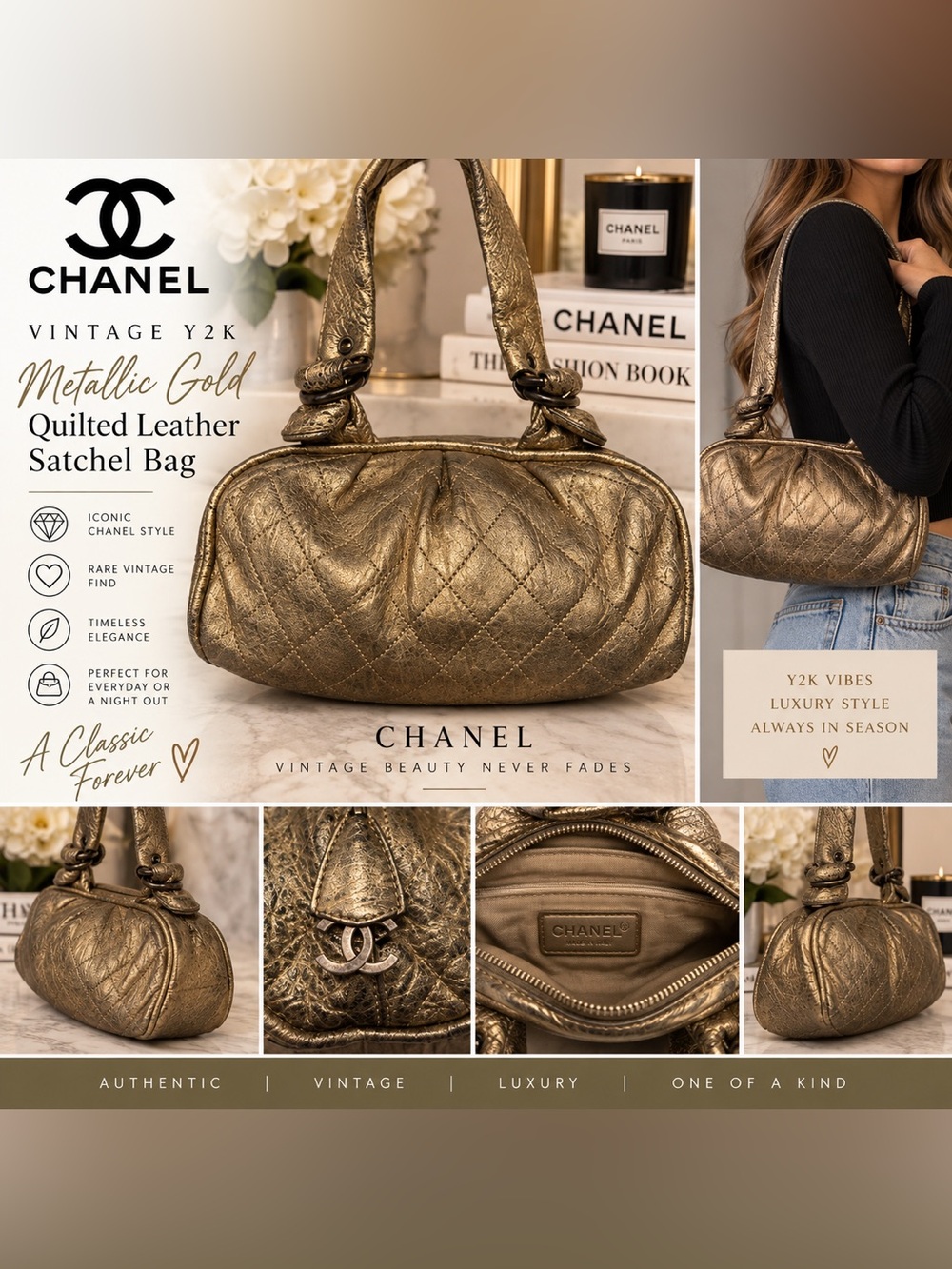 Chanel Metallic Gold Quilted Leather Satchel Bag | Vintage Y2K